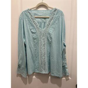 Soft Surroundings Top 3X Long Sleeve VNeck Lace Trim Light Bluish Green